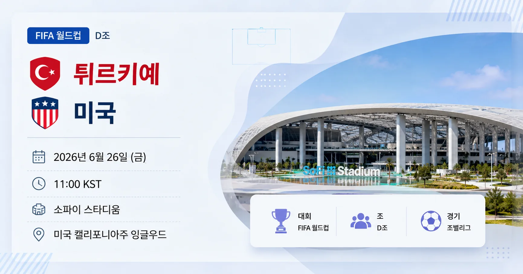 2026년 6월 26일 미국 vs 튀르키예 D조 통과 구도에 걸린 맞대결 경기 정보 이미지