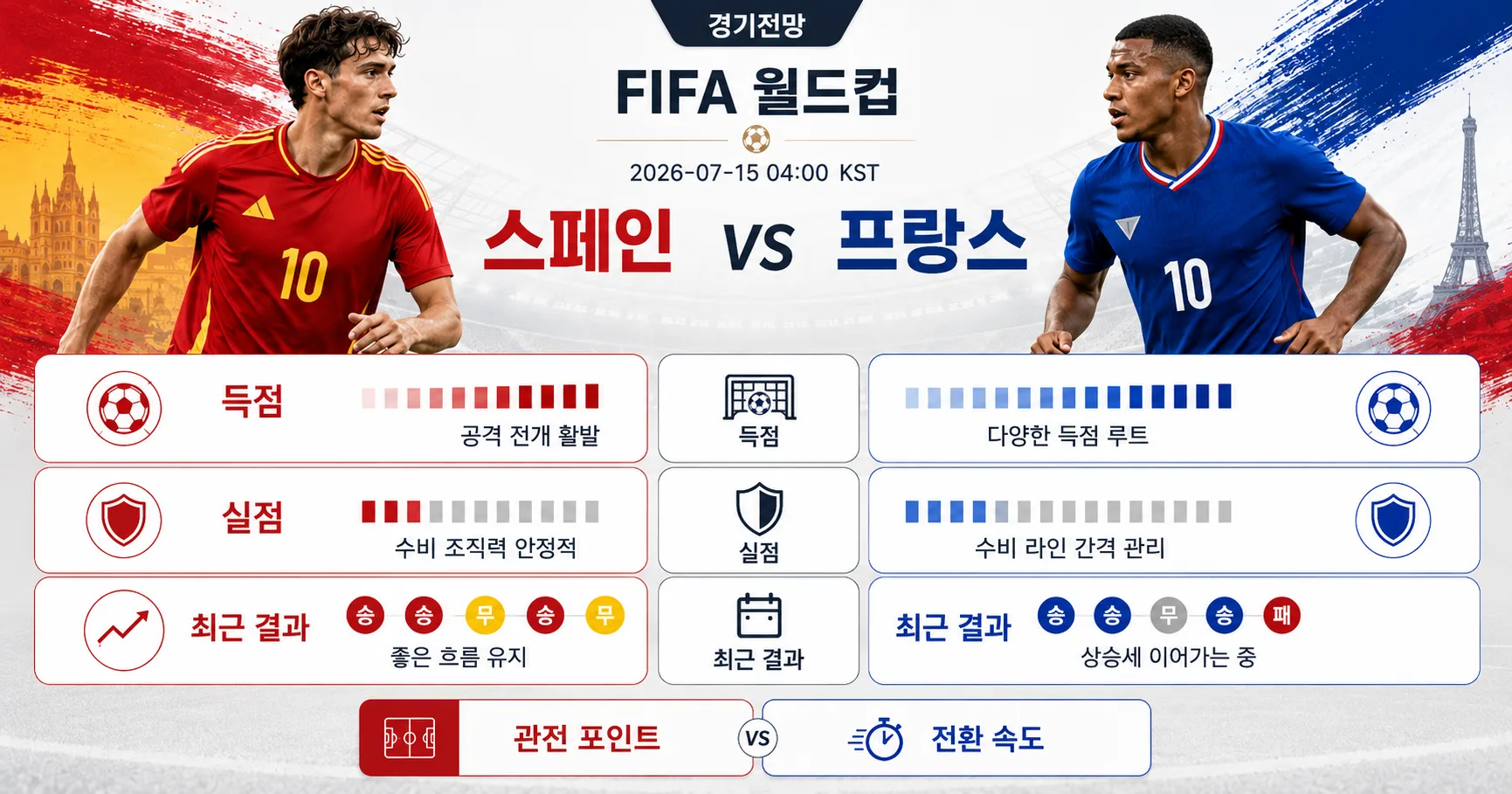2026년 7월 15일 스페인 vs 프랑스, 수비 조직력이 결승행의 열쇠가 되는 90분 경기 정보 이미지