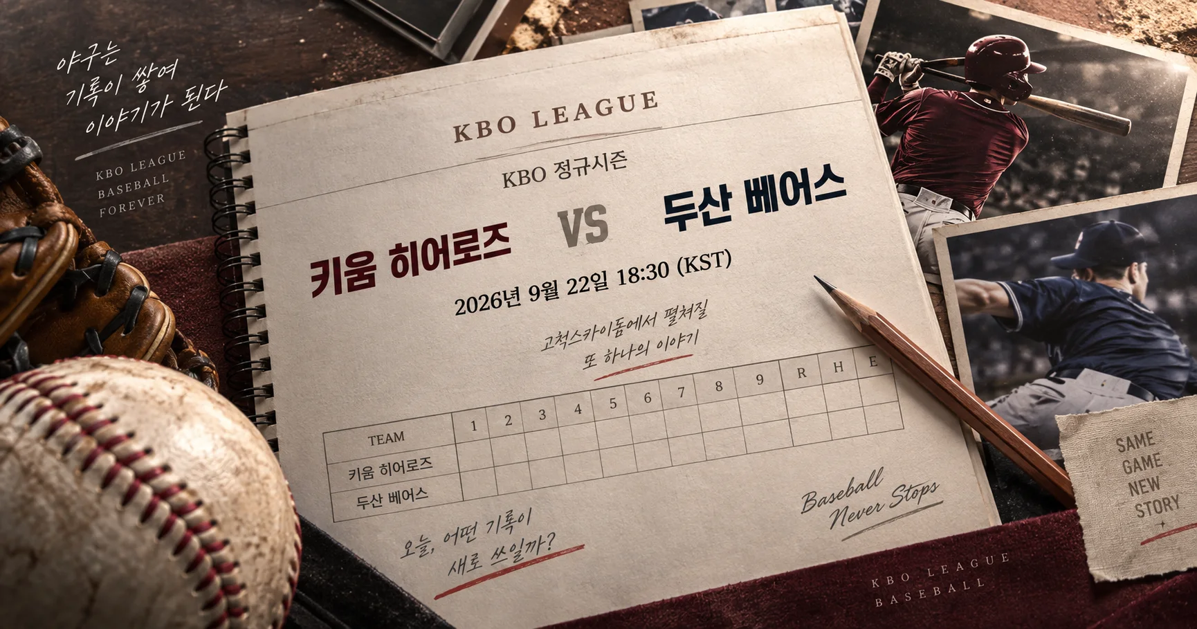 1-키움 히어로즈 vs 두산 베어스 베이스볼스코어카드