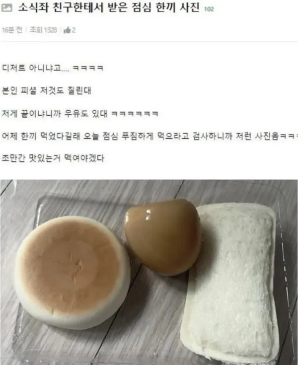 점심으로 받은 이상한 음식을 담은 사진