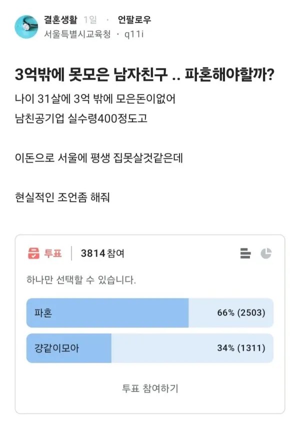 3억 모은 남자친구 결혼 고민